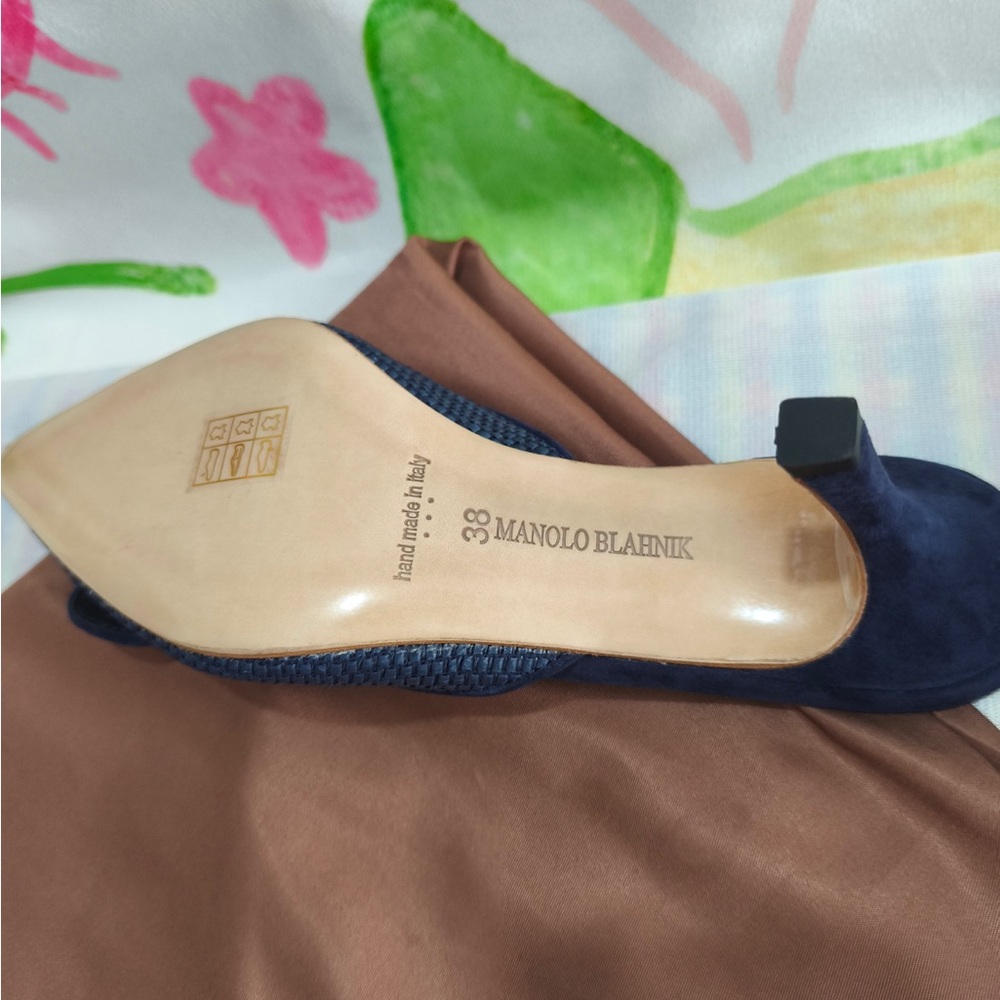 Manolo Blahnik Navy Textured Pointed Mule Heels with Buckle Accent - Picture 9 of 9